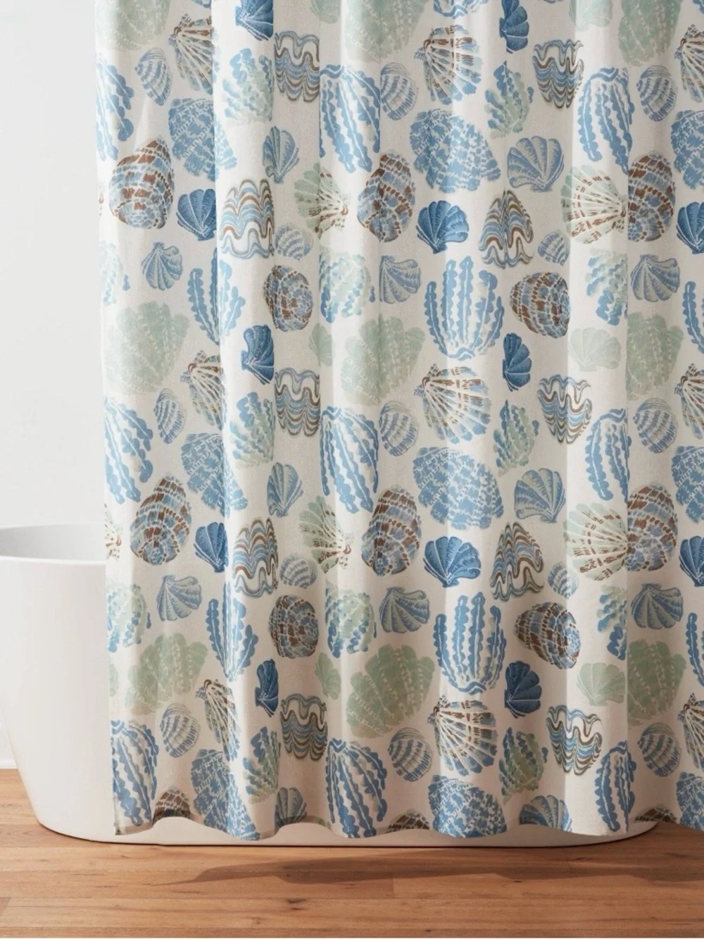 NEW-Threshold Seashell Print Shower Curtain in Blue, Cream and Tan